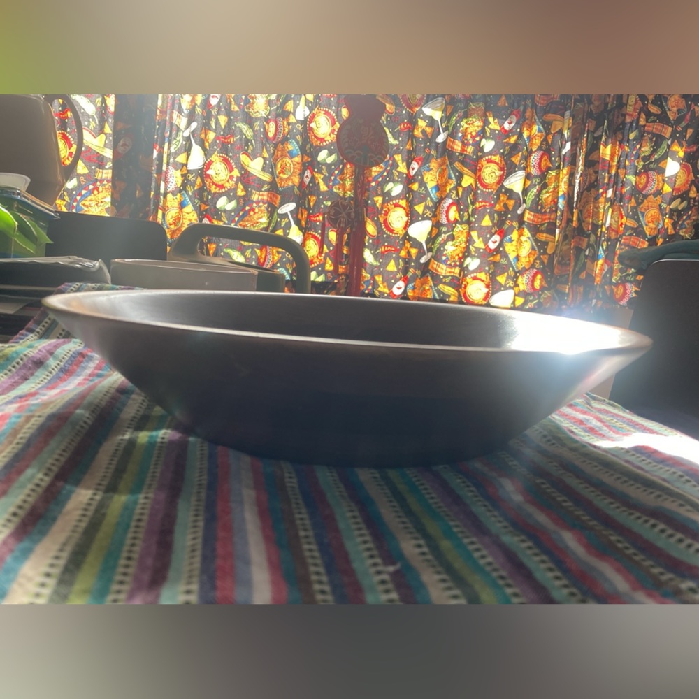 Mid-century Vermillion walnut serving/salad bowl w/original labels